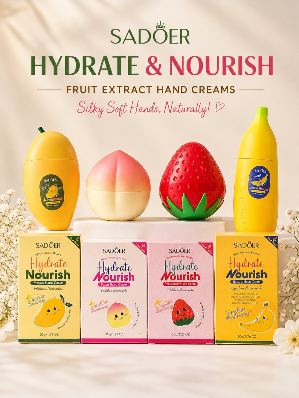SADOER Fruit Hand Cream Bundle Mango Peach Strawberry Banana Set